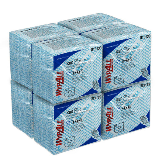 Acht Packungen WypAll® X80 Plus Critical Clean Wischtücher von Kimberly-Clark GmbH mit je 30 blauen, viertelgefalteten Blättern in einer blau-weißen Markenverpackung - perfekt für kritische Umgebungen.