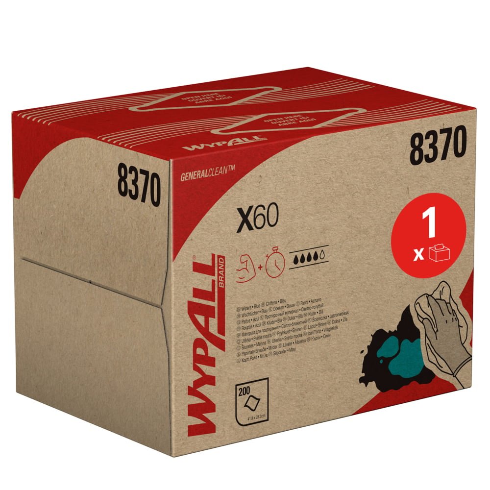 The WypAll® X60 General Clean BRAG™ Box from Kimberly-Clark GmbH (41.80 cm x 28.30 cm) contains 200 towels per box, features hand and water droplet graphics, and is packaged in a reddish-brown box that highlights versatile cleaning.
