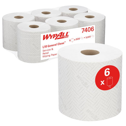 Depicted are six rolls of WypAll® L10 paper towel from Kimberly-Clark GmbH for service & retail. Each centrefeed roll (38 x 18.3 cm) has 500 sheets, totaling 3,000 sheets per pack - ideal for Reach+™ dispensers.