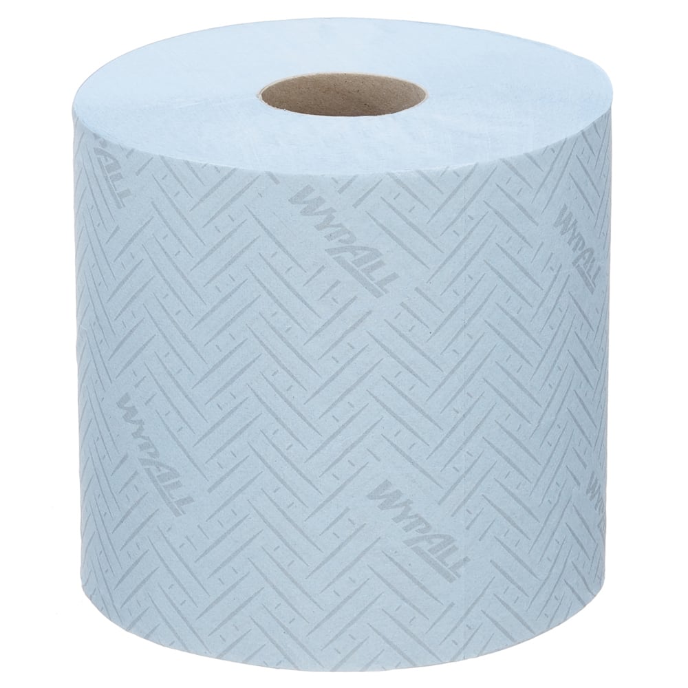 The WypAll® L20 paper towel from Kimberly-Clark GmbH is a light blue towel for industrial cleaning tasks, with a practical central dispensing system (38.00 cm x 18.30 cm) showing the brown core.