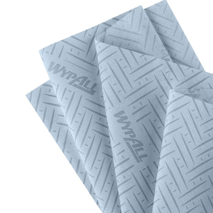 A close-up of four light blue WypAll® L20 paper towels (38 x 18.3 cm) from Kimberly-Clark GmbH with a herringbone pattern - ideal for industrial cleaning tasks or use in central dispensing systems.