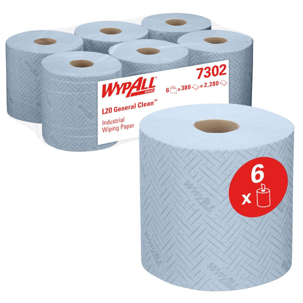 Pictured are six blue rolls of WypAll® L20 paper towel for industrial cleaning tasks from Kimberly-Clark GmbH, one in front and five packaged for central dispensing in the back. A red label indicates that the package contains 6 rolls (38.00 x 18.30 cm).