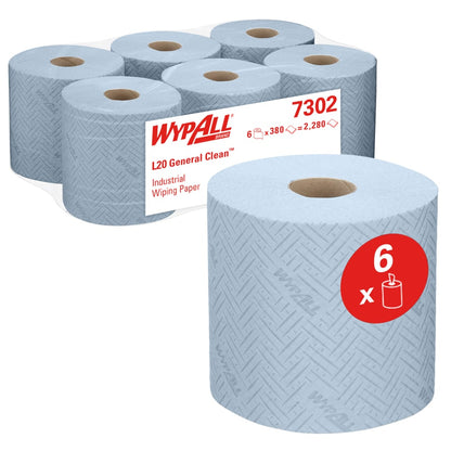 Pictured are six blue rolls of WypAll® L20 paper towel for industrial cleaning tasks from Kimberly-Clark GmbH, one in front and five packaged for central dispensing in the back. A red label indicates that the package contains 6 rolls (38.00 x 18.30 cm).