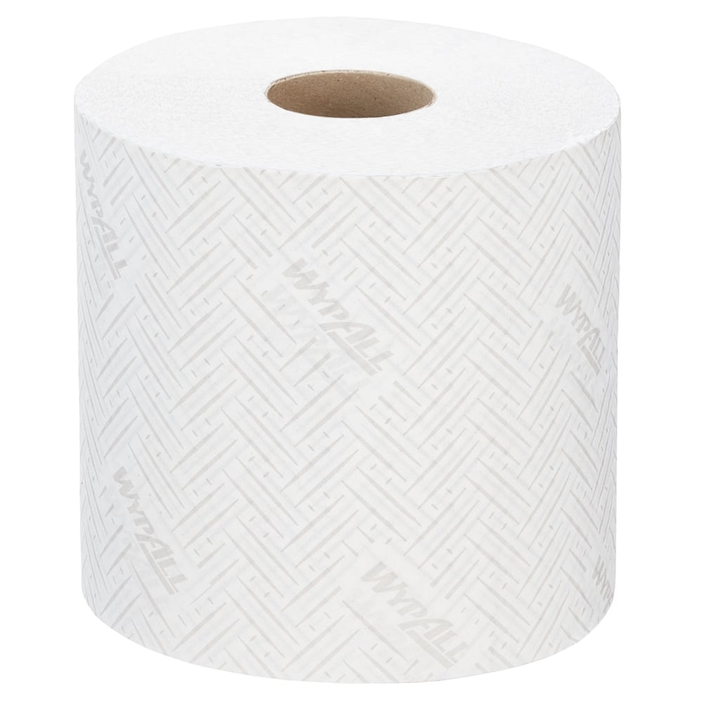 A single roll of WypAll® L20 paper towel from Kimberly-Clark GmbH (38.00 cm x 18.30 cm) for industrial cleaning tasks, with a subtle pattern and "WYPALL" print, is shown unused on a white background.