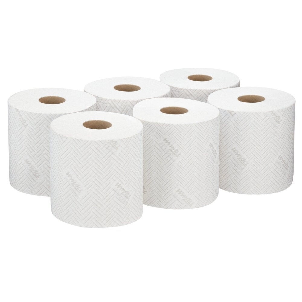 Six white WypAll® L20 paper towel rolls from Kimberly-Clark GmbH (38×18.3 cm) are arranged in two rows - perfect for central dispensing and suitable for industrial cleaning tasks.