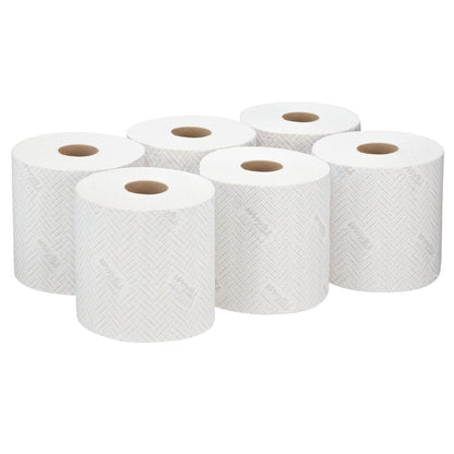 Six white WypAll® L20 paper towel rolls from Kimberly-Clark GmbH (38×18.3 cm) are arranged in two rows - perfect for central dispensing and suitable for industrial cleaning tasks.
