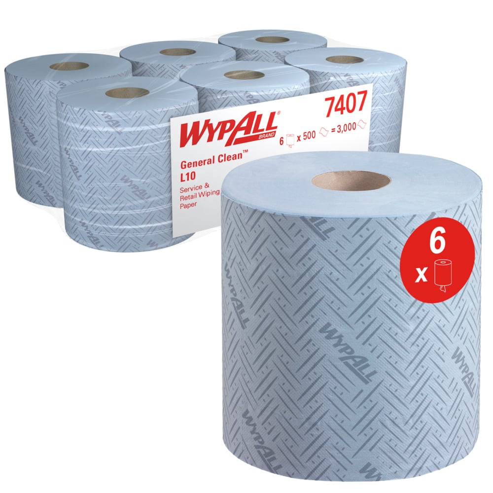 Six large WypAll® L10 paper towel rolls from Kimberly-Clark GmbH for cleaning in service & retail, centrefeed for Reach+™ (38x18.3cm), shown with product label: 6 rolls/pack, 500 sheets/roll - ideal for centrefeed dispenser systems.