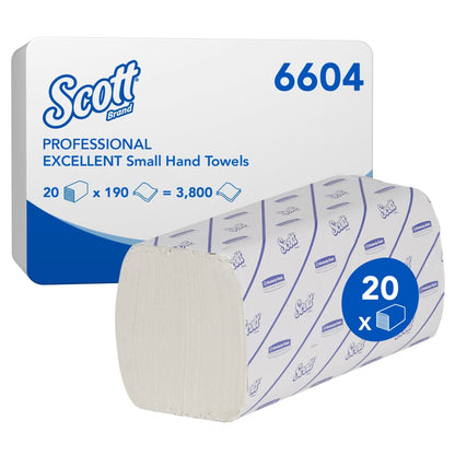 A carton of Scott® EXCELLENT Hand Towels - Interfold/White/Small from Kimberly-Clark GmbH contains 20 packs with 190 sheets each (Item No. 6604), ideal for hygienic hand drying. The product data is clearly displayed on the outer carton.