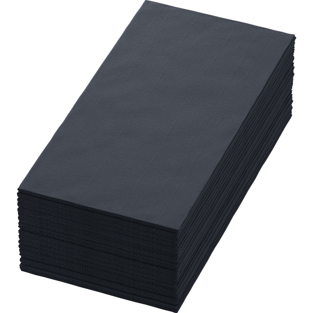 A stack of Duni GmbH Zellt.Serv.40x40 3-ply 1/8 BF black, high-quality black napkins (40x40 cm, 3-ply, pack of 250), lies neatly folded and unused against a white background.