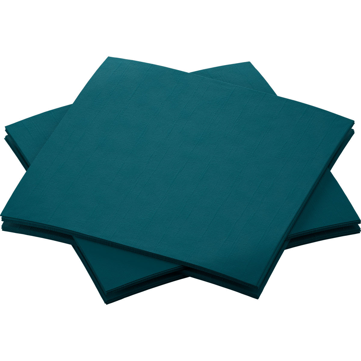 Ein Stapel Duni GmbH Bio-Dunisoft-Servietten 20 x 20 cm in der Farbe dark teal liegt fein säuberlich angeordnet und leicht überlappend auf einem schlichten weißen Hintergrund.