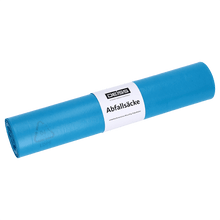A roll of DEISS 20304 blue garbage bags (800x1000 mm, type 60, 25 pieces) from EMIL DEISS KG (GmbH + Co.) with a white "DEISS garbage bags" label on a white background - ideal for reliable waste disposal.