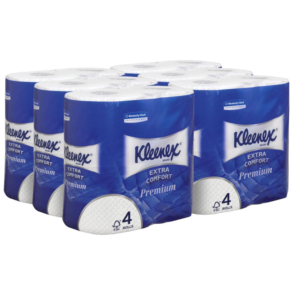 Sechs Packungen Kleenex® Toilettenpapierrollen von Kimberly-Clark GmbH mit je 4 kleinen weißen Rollen und 160 Blatt pro Rolle sind in zwei Reihen angeordnet. Der blau-weiße Karton zeigt auf der Vorderseite ein klares Produkt-Branding.