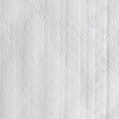 Nahaufnahme einer weißen Papierserviette mit kleinen, erhabenen Punkten und einem strukturierten, diagonal verlaufenden Rand, der an die hohe Qualität des Kleenex® Toilettenpapier Großrolle (12 Rollen x 474 Blatt, weiß) der Kimberly-Clark GmbH erinnert.