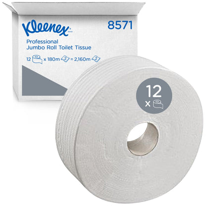 Eine große weiße Großrolle Kleenex® Toilettenpapier der Kimberly-Clark GmbH steht vor einer Schachtel mit der Aufschrift "12 Rollen x 474 Blatt", die zeigt, dass sie für den gewerblichen Gebrauch bestimmt ist.