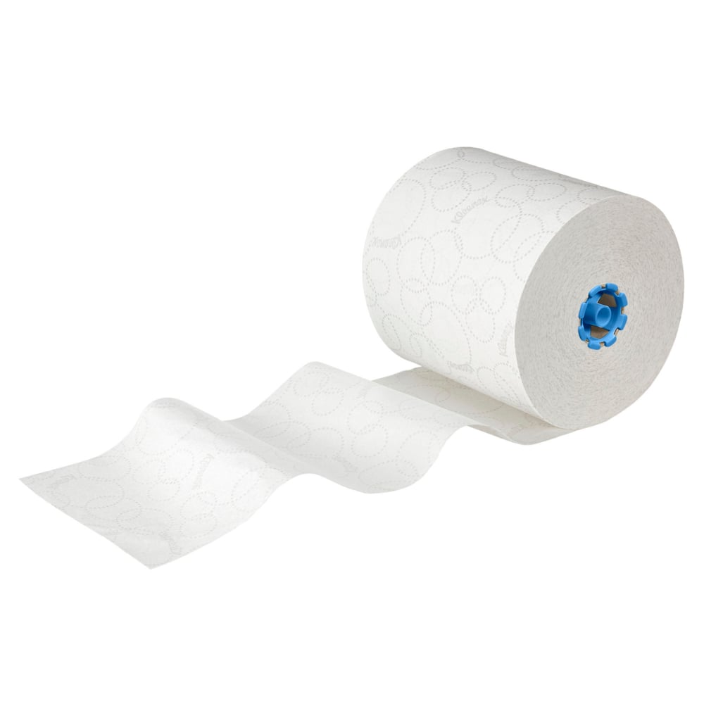 A large white Kleenex® Ultra™ roll towel (2-ply, E-roll Large, 6x200m) from Kimberly-Clark GmbH with a blue core, partially unrolled on a white surface - the ideal hygienic towel solution for daily use. Carton: 6 rolls.