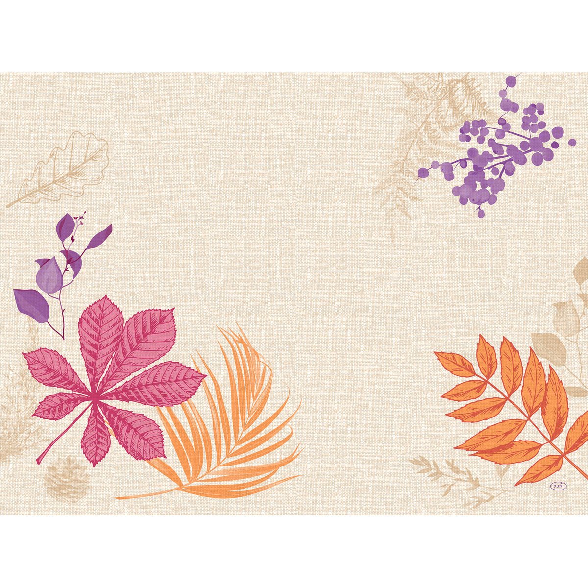 A beige textured paper placemat 30x40cm Bright Autumn by Duni GmbH - pink, orange, and purple leaves with purple berries adorn the edges, leaving space in the middle and top right; ideal for autumn table decoration. Package: 250 pieces.