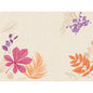 A beige textured paper placemat 30x40cm Bright Autumn by Duni GmbH - pink, orange, and purple leaves with purple berries adorn the edges, leaving space in the middle and top right; ideal for autumn table decoration. Package: 250 pieces.