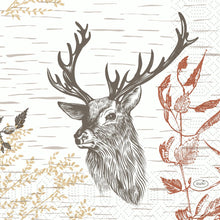 The high-quality napkins "Serv.33x33 3lg 1/4 Holz & Reh" from Duni GmbH feature a black and white deer head with large antlers, surrounded by brown and red branches on a light, subtly patterned background. Pack of 250 pieces.
