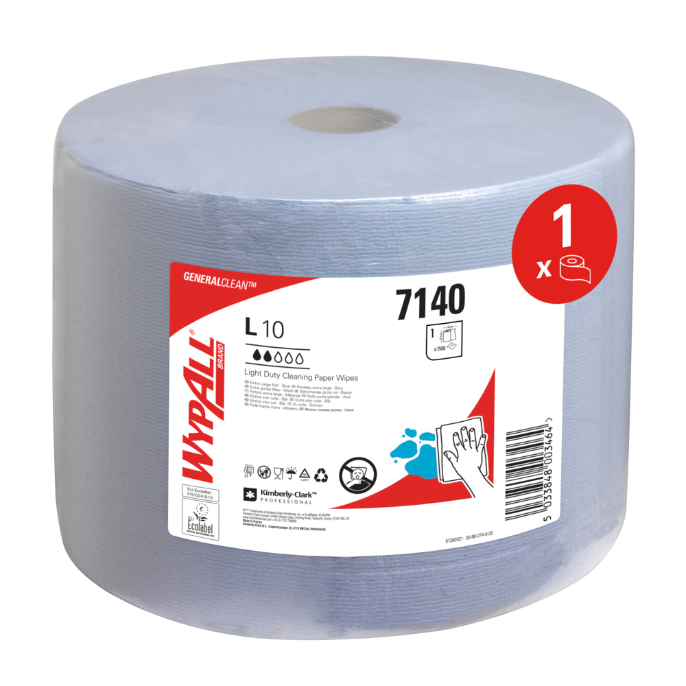 Die blaue WypAll® L10 EXTRA Wischtücher Großrolle von Kimberly-Clark GmbH (1 Rolle, 1500 Blatt, Karton) verfügt über ein zentrales Loch zur einfachen Entnahme, ist mit dem Modell 7140 gekennzeichnet und enthält ein Symbol, das eine Rolle anzeigt.