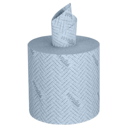 The large blue WypAll® L20 General Clean Centrefeed roll from Kimberly-Clark GmbH, 2-ply with textured pattern, has a sheet partially pulled out from the center - ideal for cleaning. Package: 6 rolls x 550 sheets per box.