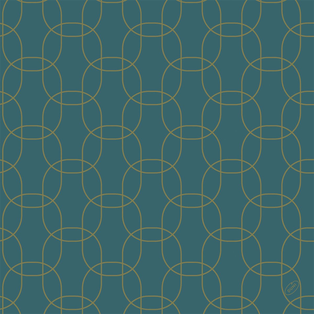 A geometric pattern of interlocking golden circles on dark teal is printed on Dunisoft napkins 40x40cm by Duni GmbH. It forms a symmetrical grid with the subtle inscription "MIRO" in the lower right corner.