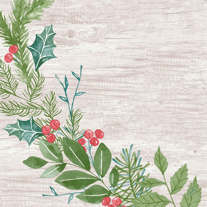 A watercolor illustration of green leaves, pine branches, holly, and red berries accents the lower left side on a light wooden background. Ideal for Duni GmbH Dunisoft napkins 40x40cm, perfect for eco-friendly tablecloths.