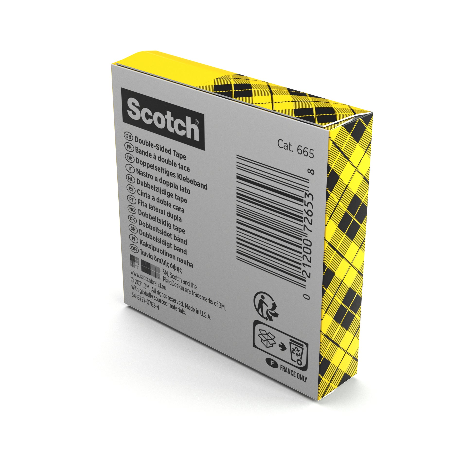Eine Schachtel der 3M Deutschland GmbH Scotch® doppelseitiges Klebeband (12 mm x 22,8 m, 1 Rolle) ist gelb-schwarz kariert und zeigt auf der Rückseite Produktinfos, Barcode und Recycling-Symbole.