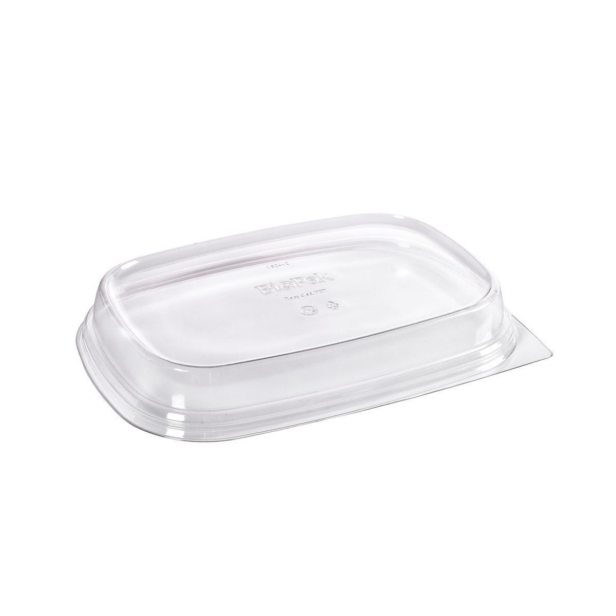 Der Duni GmbH rPET Deckel Cube 800/1200/400/500 ml Transparent (258x179x35) ist auf dem Kopf stehend auf weißem Hintergrund abgebildet, mit erhabenen Kanten und geprägtem Text in der Mitte, was seine Verwendung in nachhaltigen Verpackungen hervorhebt.