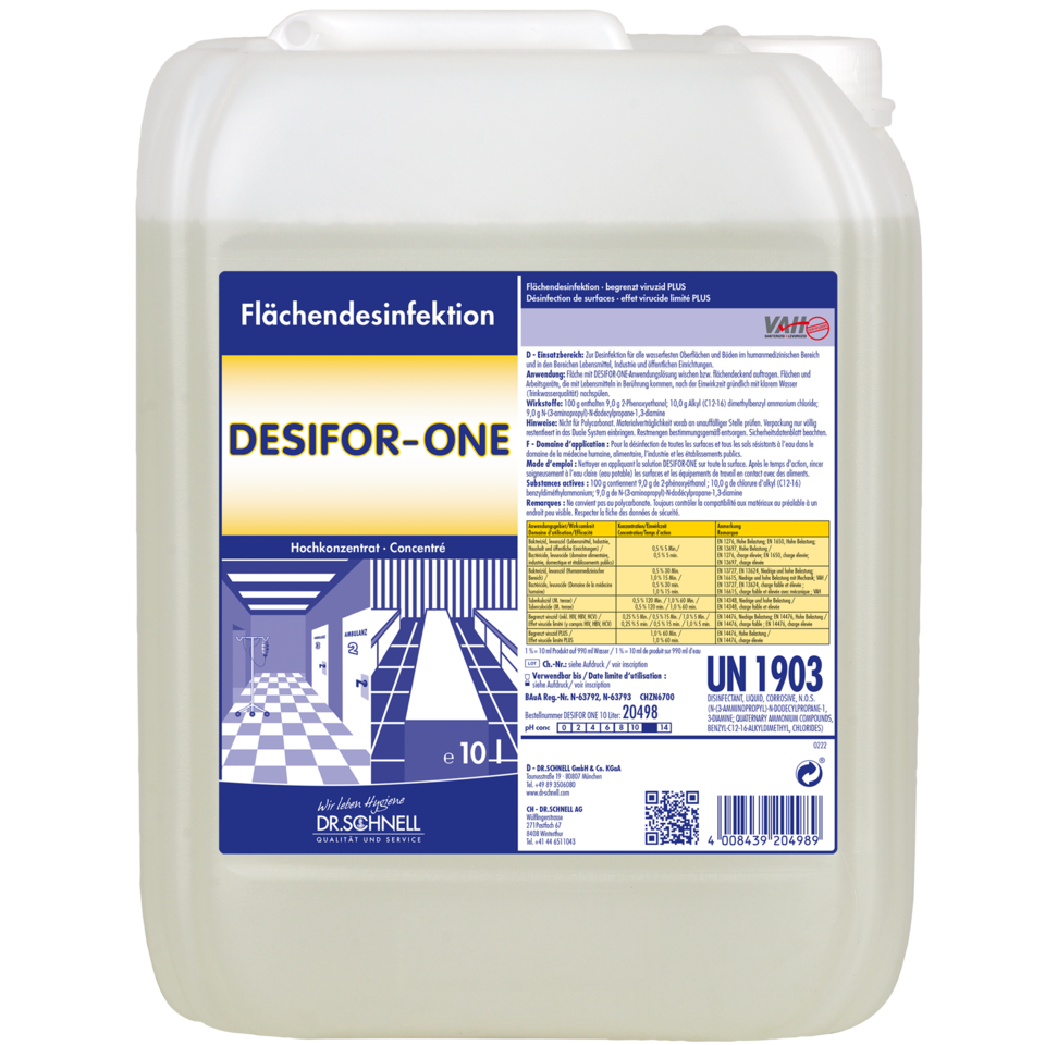 The 10-liter container of Dr. Schnell Desifor-One Surface Disinfection, limited virucidal PLUS by DR.SCHNELL GmbH & Co. KGaA features a blue-white label with product information, instructions for use, warning symbol, and a white cap for convenient surface disinfection.