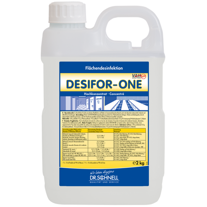 A 2 kg plastic container of Dr. Schnell Desifor-One Surface Disinfection, limited virucidal PLUS by DR.SCHNELL GmbH & Co. KGaA, with a white lid and handle. The front label contains information, instructions, and dosage directions in German.