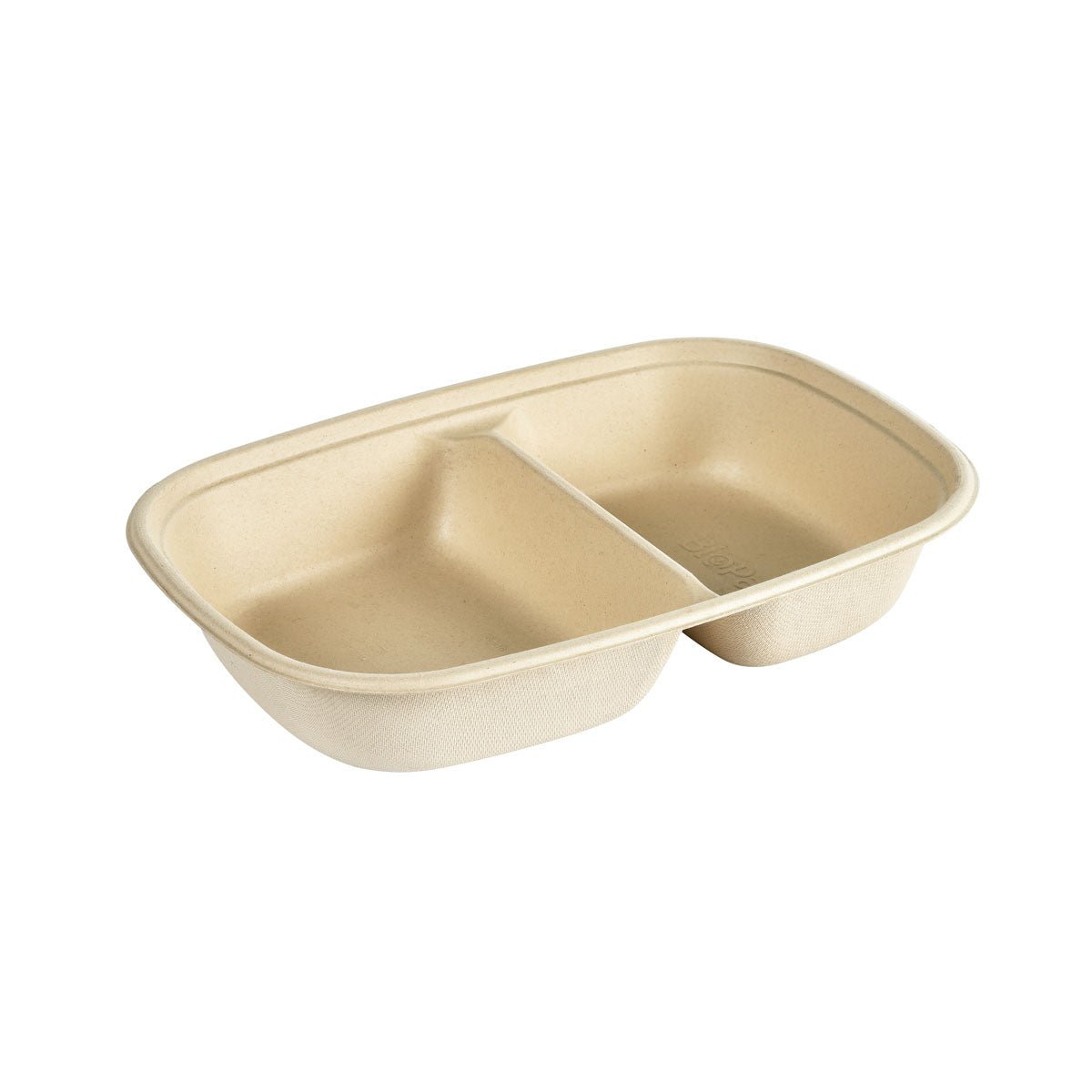 A brown, rectangular Cube Bowl 400/500 ml from Duni GmbH made of PBAT/PLA-coated bagasse with two compartments and rounded edges is depicted empty and tilted against a white background. Package size: 40 pieces (249x172x45 mm).