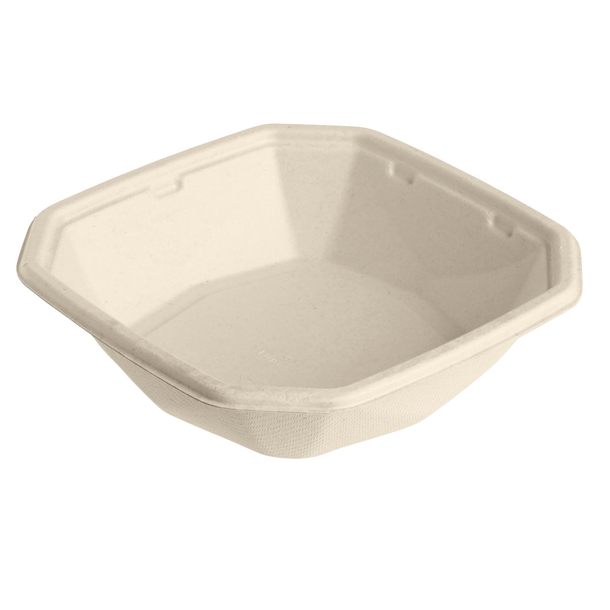 The Octabagasse Bowl 400 ml from Duni GmbH is a coated, brown, hexagonal bagasse bowl (152x152x38 mm), PBAT/PLA-coated, depicted as a sustainable packaging solution on a white background. Package: 50 pieces.