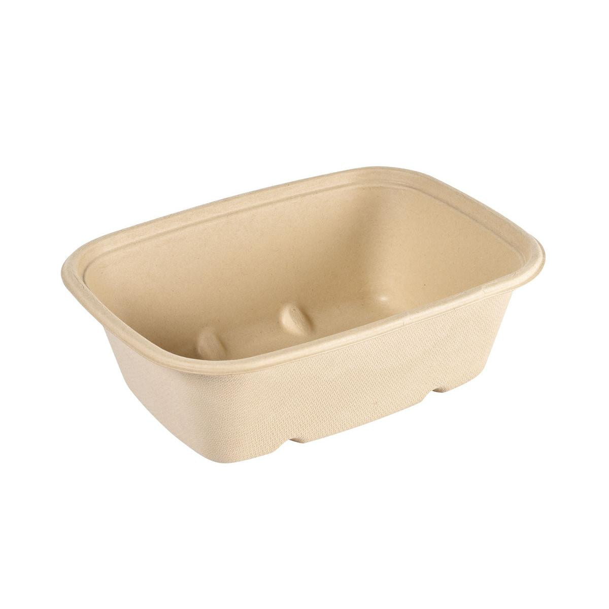 Der Cube Bowl 1200 ml - unbeschichtet Braun Bagasse 214x159x70 von Duni GmbH ist ein rechteckiger, brauner, kompostierbarer Lebensmittelbehälter aus geformten Fasern (40er Pack), der leer auf weißem Hintergrund abgebildet ist.