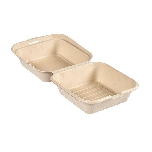 The Clamshell 475 ml - uncoated brown bagasse 155x155x80 from Duni GmbH (pack of 50) is a biodegradable, brown-colored molded fiber takeout container—an eco-friendly packaging option for your meals.