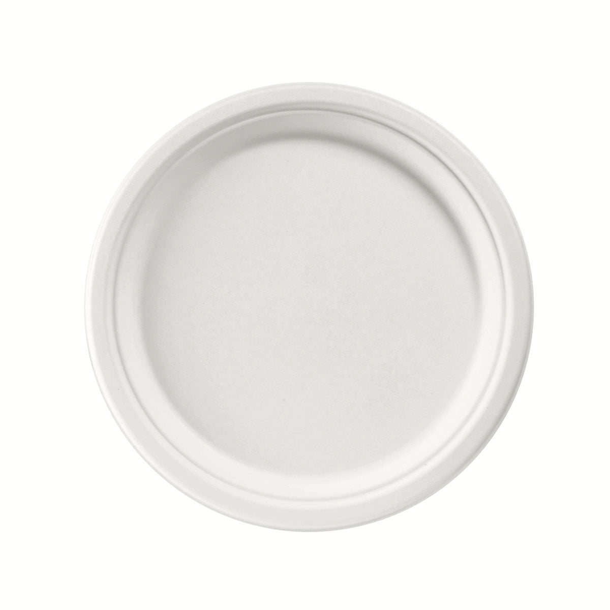 A round, white plate ø 26 cm made of uncoated bagasse from Duni GmbH (pack of 50 pieces), biodegradable and environmentally friendly, photographed from above against a white background.