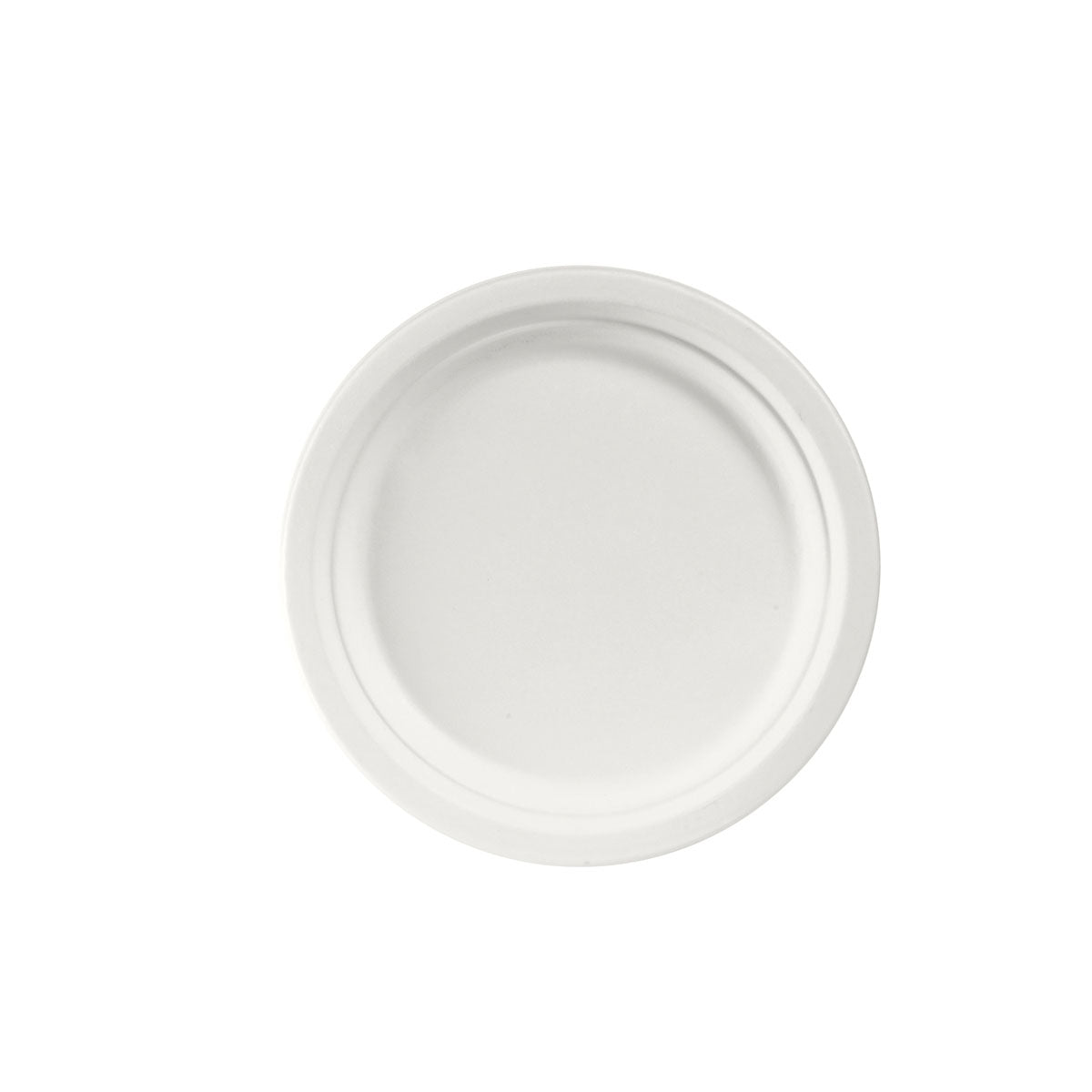 A simple, round, white plate ø 22 cm from Duni GmbH is depicted from top to bottom against a white background. The uncoated white bagasse plate (pack of 50 pieces) has a smooth, simple design and is biodegradable.