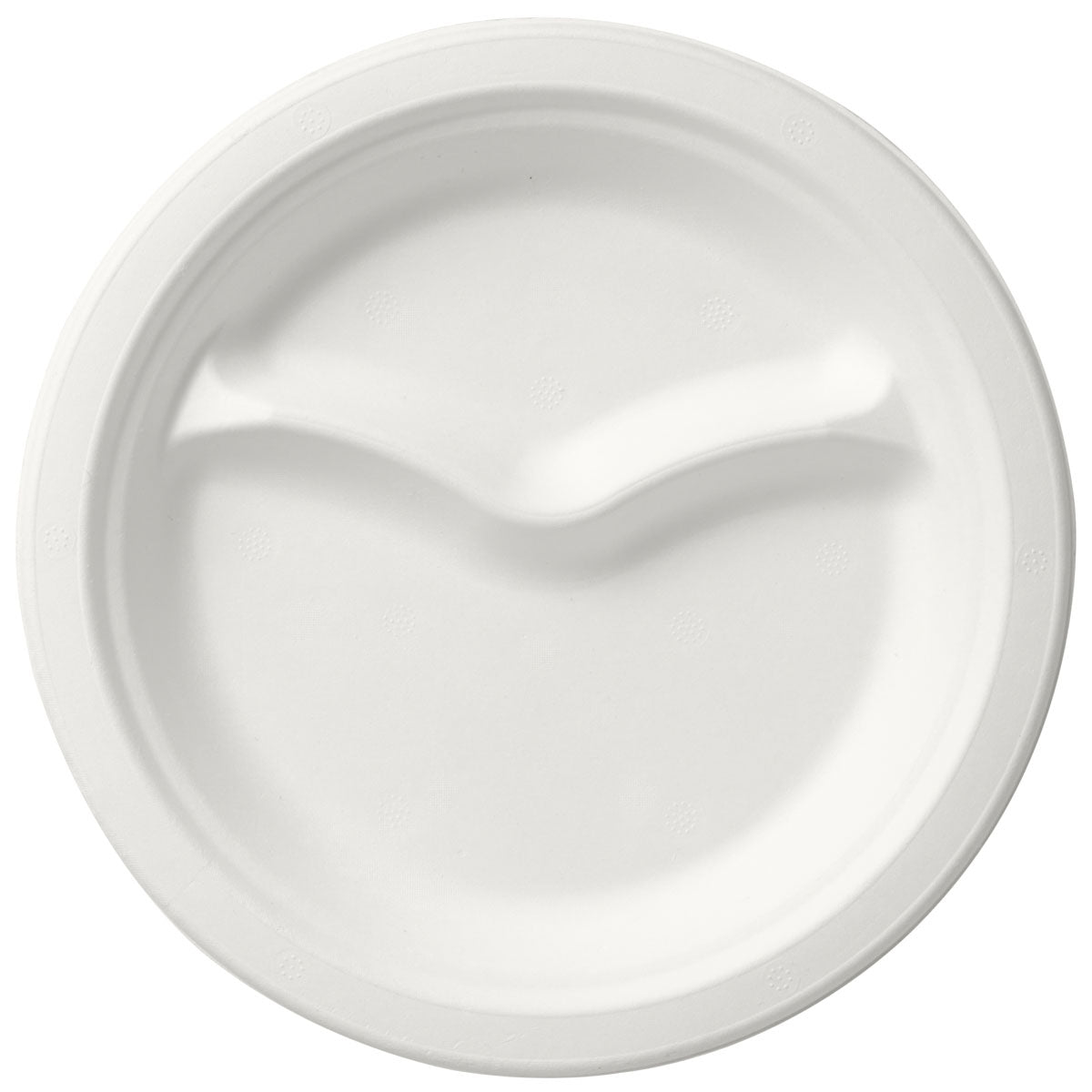 The Duni GmbH plate 2-partitioned ø 22 cm White is a round, uncoated white bagasse disposable plate with two compartments separated by a curved partition. Delivered in packs of 50 pieces.