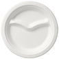 The Duni GmbH plate 2-partitioned ø 22 cm White is a round, uncoated white bagasse disposable plate with two compartments separated by a curved partition. Delivered in packs of 50 pieces.