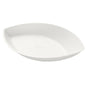 The bowl Demo Piatto 140 ml - uncoated White Bagasse 175x104x35 from Duni GmbH, a white oval disposable bowl with raised edges and subtly embossed logo, is made from environmentally friendly bagasse. Pictured in a pack of 35 pieces on a white background.