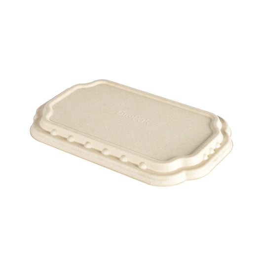 Der Duni GmbH Take-Away-Faserdeckel Natur Coated Bagasse 256x165x19 (Packung mit 225 Stück) ist ein beiger, rechteckiger, hochkant geformter Faserdeckel - eine nachhaltige Alternative für Take-Away-Behälter.