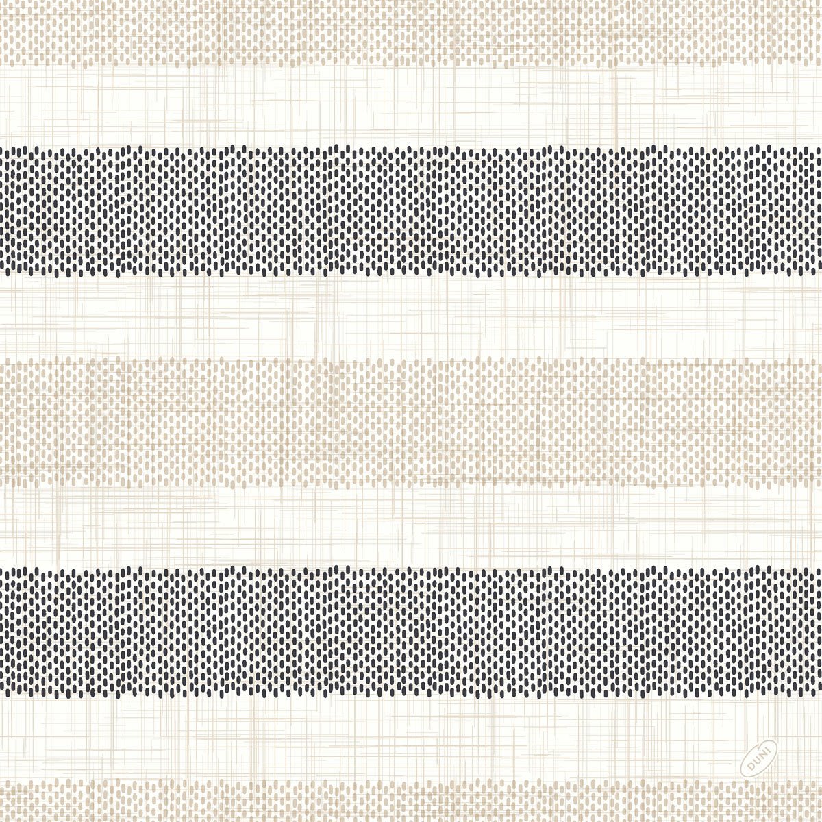 Tugann na naipcíní Zellt 40x40 cm Klassik Rigato dubh ó Duni GmbH le haicinn de bhandaí beiges agus línte ponc dubh ar chúlra uachtar cuma nua-aimseartha do do mhaisiú boird - foirfe i gcomhcheangal leis na naipcíní galánta. Pacáiste de 50 naipcín.