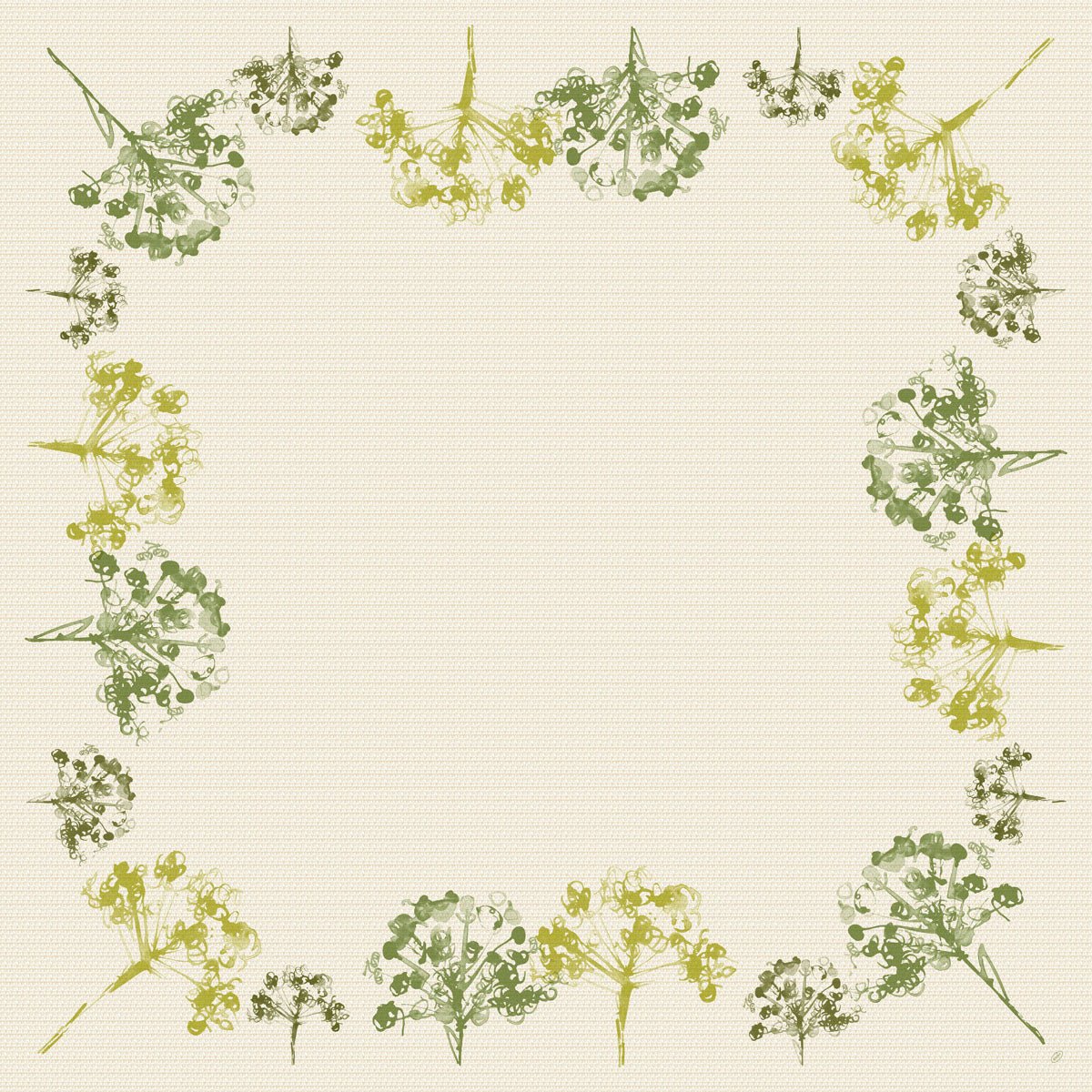 The Duni GmbH Dunicel table cover 84x84 cm, green (pack of 20 pieces) has a square beige background with a border of delicate green and yellow floral patterns, inspired by Green Umbles 60111, forming an elegant central frame.