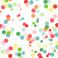 Verspielte pastellfarbene und bunte Kreise auf weißem Hintergrund, akzentuiert durch schwache gepunktete Linien und ein rotes "Duni"-Oval - ideal für Zellt.-Serv.33 3lg 1/4 - Happy Bubbles | Packung (250 Servietten) von Duni GmbH.