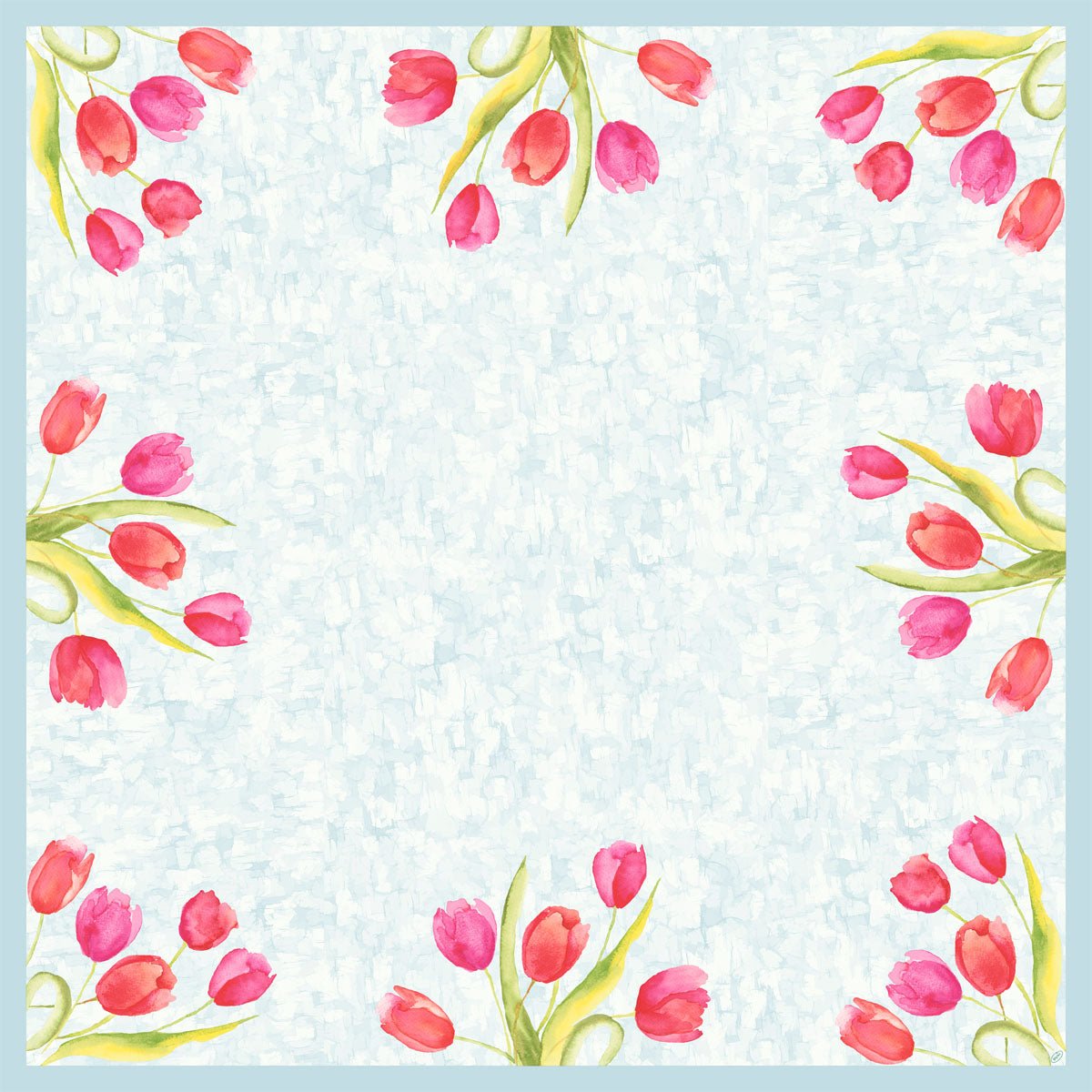 The Dunicel tablecloth 84x84cm - Painted Tulips tablecloth by Duni GmbH features pink and red tulip watercolors with green leaves in all four corners on a light blue, textured background with an empty center.