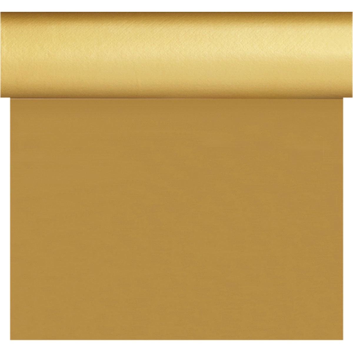 A roll of gold-colored wrapping paper is partially unrolled and reflects the smooth, shiny appearance and the uniform texture of the Dunisilk Tete a Tete 0.4x24m gold tablecloth from Duni GmbH.