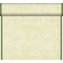 Eine Tapetenrolle mit einem hellgrünen und cremefarbenen Paisleymuster, umrandet von vertikalen grünen Kanten, ist ideal für die Kombination mit dem Duni GmbH Bio-Dunicel Tete-a-Tete Tischläufer 0,4x24m.