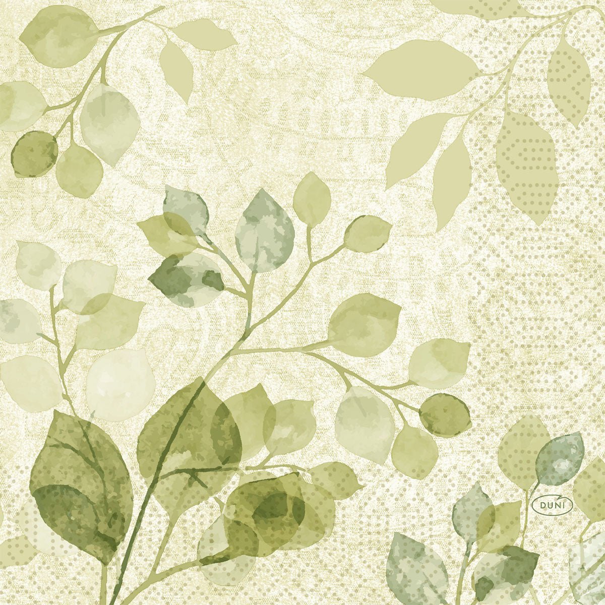 Green paisley leaves in watercolor style adorn the Duni GmbH napkins 33x33 3-ply 1/4, pack (250 pieces) - perfect for adding natural charm to any set table.