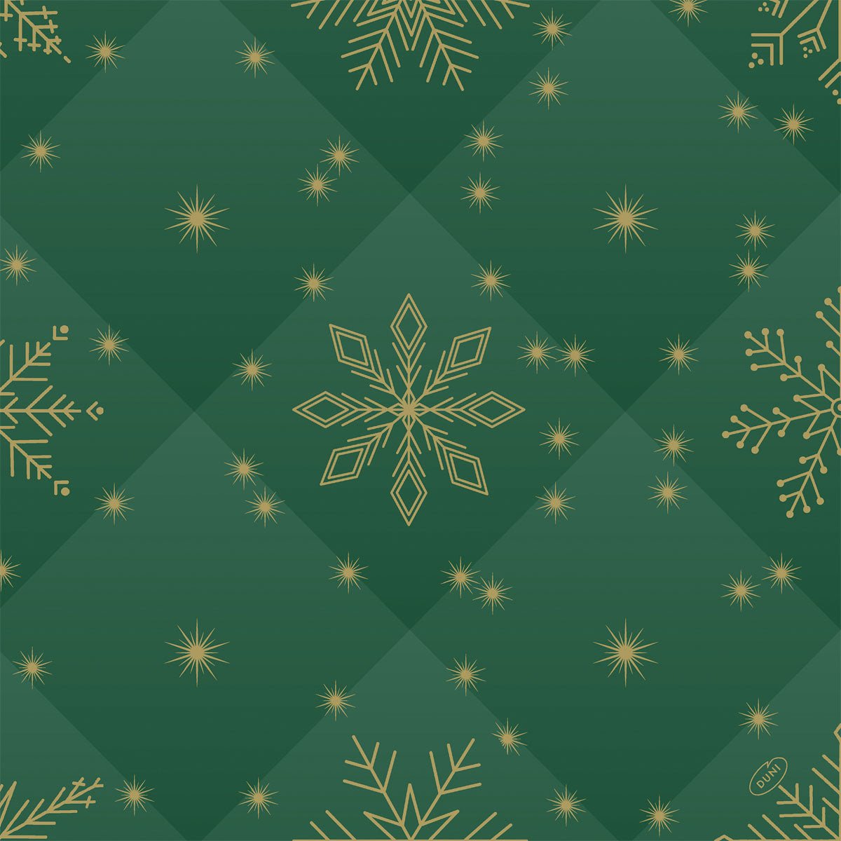 A green quilted background with golden geometric snowflakes and stars, ideal for the Bio-Dunisoft napkins 40x40cm by Duni GmbH.