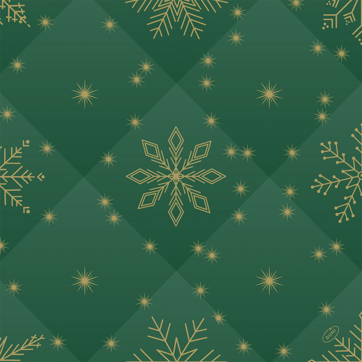 Ein grüner gesteppter Hintergrund mit goldenen geometrischen Schneeflocken und Sternen, ideal für die Bio-Dunisoft-Servietten 40x40cm der Duni GmbH.