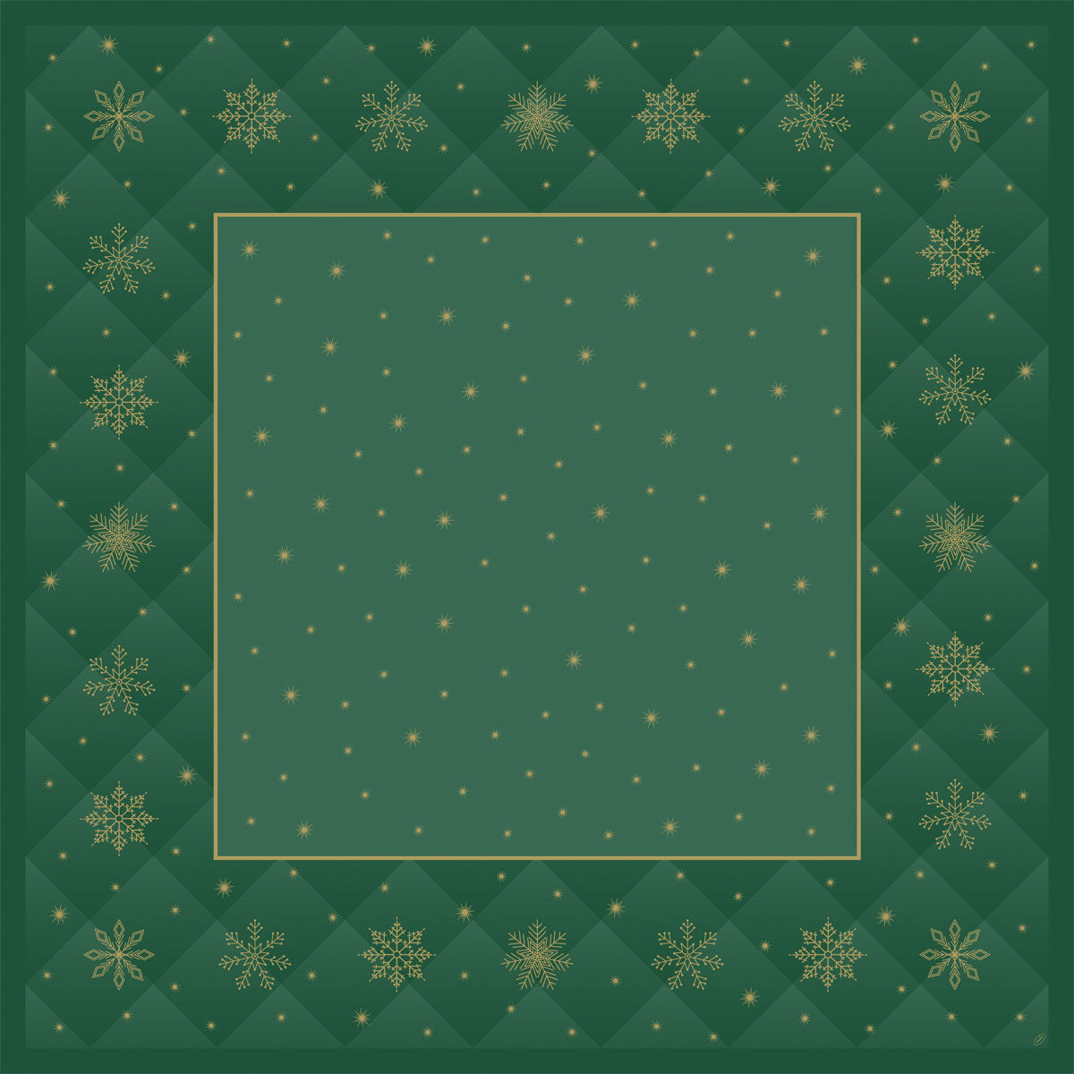 Die Bio-Dunicel-Mitteldecke 84x84cm Rhombus grün von Duni GmbH hat ein quadratisches, biologisch abbaubares, grünes Design mit einem goldenen Schneeflocken-Gitterrand und einer einfarbigen Mitte, die mit verstreuten goldenen Punkten und Sternen verziert ist. Packung: 20 Stück.